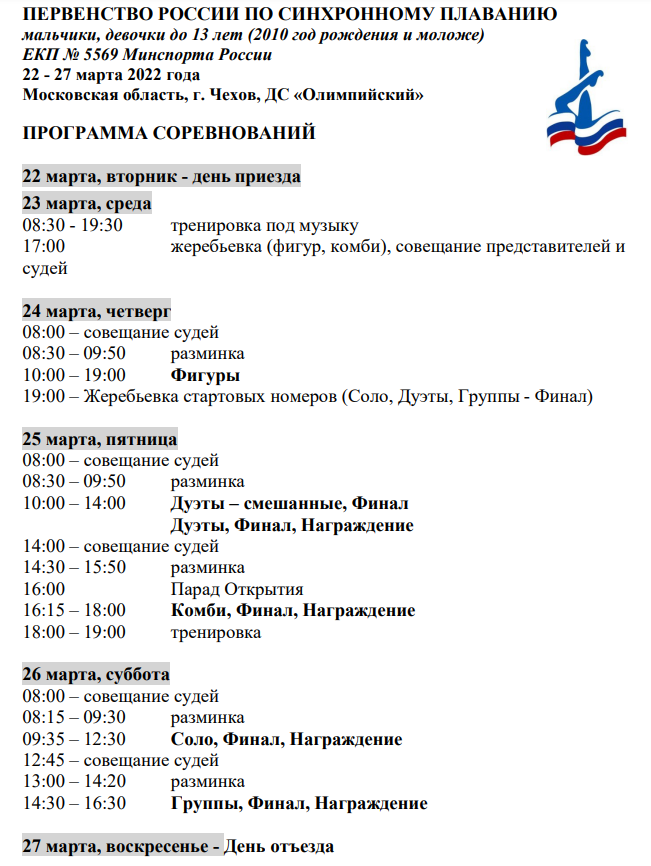 Синхронное плавание Чехов до 13 лет программа 23 марта 2022
