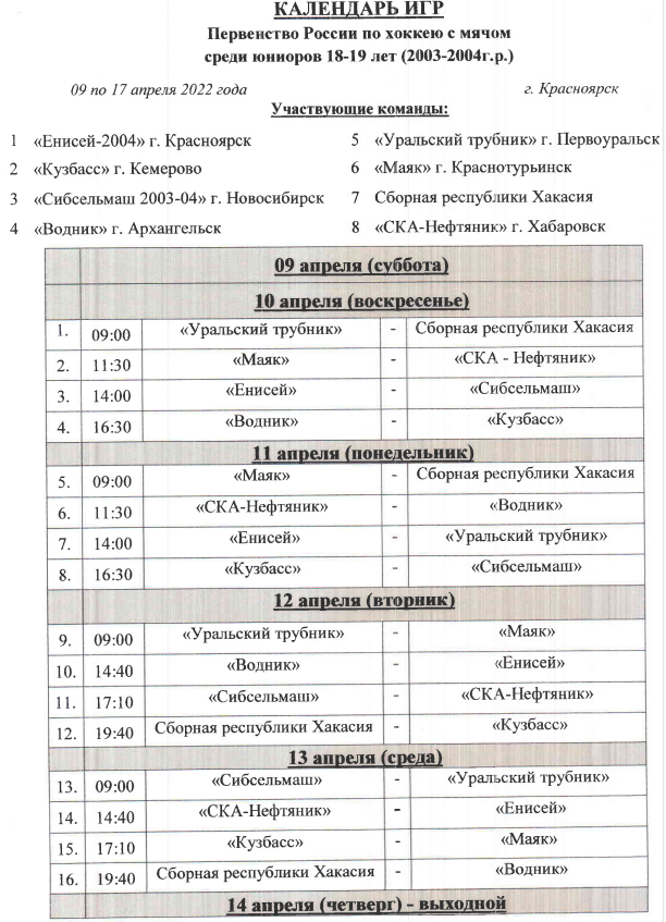 Хоккей с мячом Красноярск 18 19 лет календарь игр1 7 апреля 2022